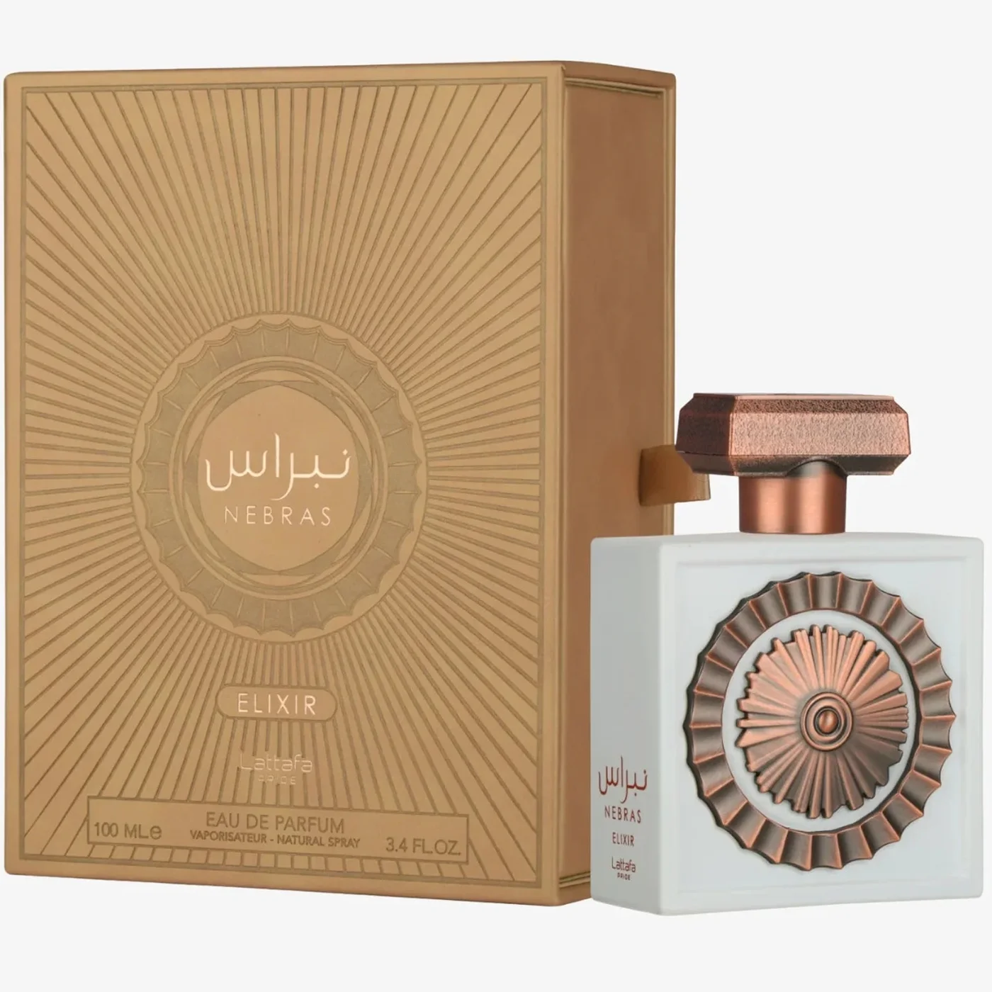 Lattafa Nebras Elixir eau de parfum fragrance bottle
